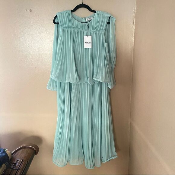 AMUR Arlette Dress in Soft Sage pleated midi sheer trapeze swing Revolve $598 6 - Picture 12 of 16
